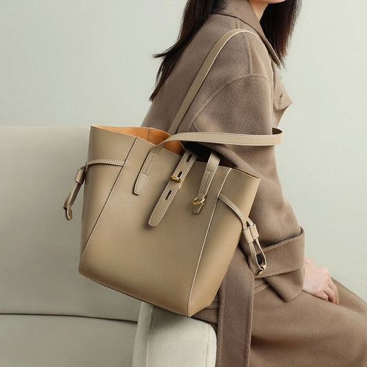 Genuine Leather Vintage Lock Buckle Tote Bag