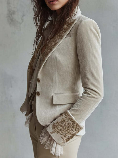 Ivory Velvet Blazer with Lace Cuffs and Embroidered Details