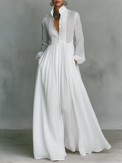 Maxi Minimalist Dress in Cotton & Linen with Patchwork, High Collar and Long Sleeves