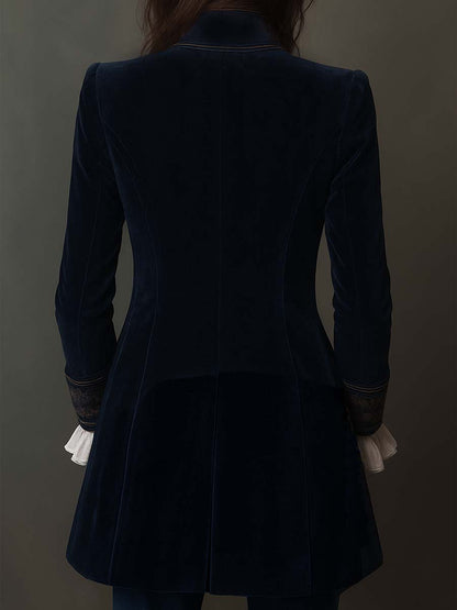 Embroidered Long Jacket in Vintage Navy Polyester Velvet