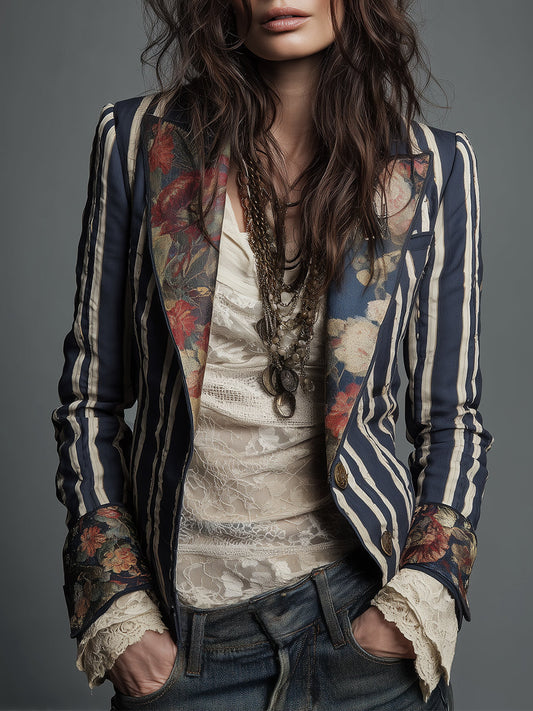 Bohemian Striped Blazer with Floral Print in Cotton and Linen