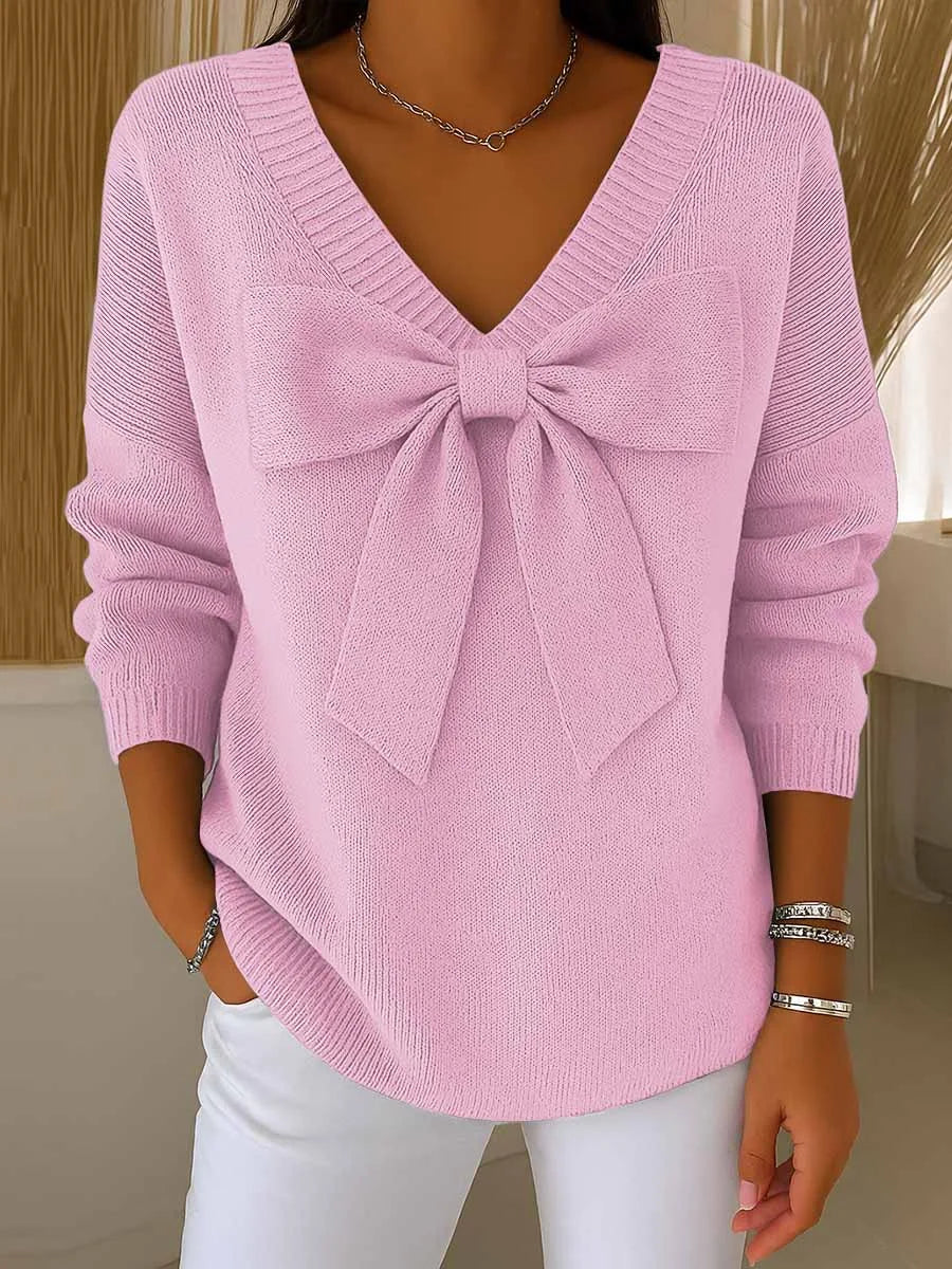 Women's Solid Color Sweater with Ribbon