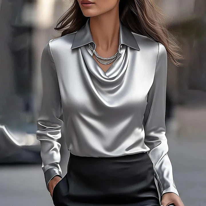 Malvina - Elegant Satin Blouse with Draped Neckline