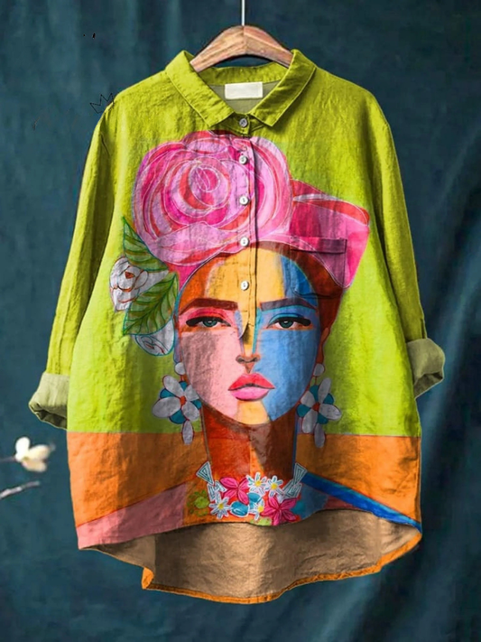 Oil Painting Freda Portrait Art Printed Women's Casual Shirt