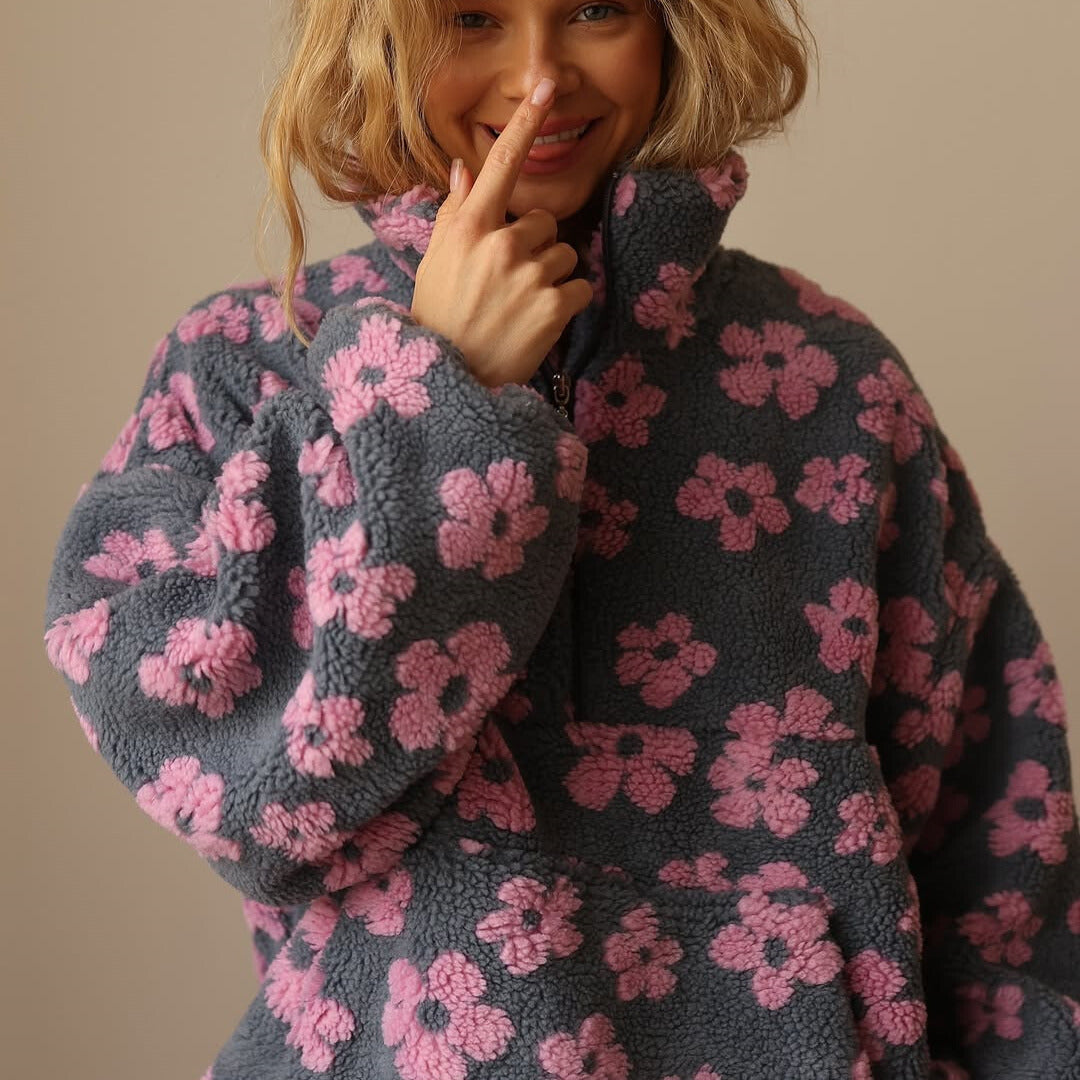 Warm Fleece Sweater with Floral Print