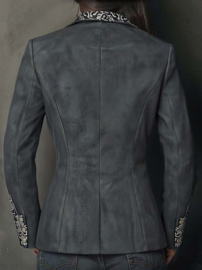 Charcoal Taupe Embossed Floral Eco-Suede Blazer