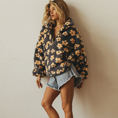 Warm Fleece Sweater with Floral Print