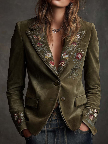 Embroidered Floral Olive Green Velvet Blazer
