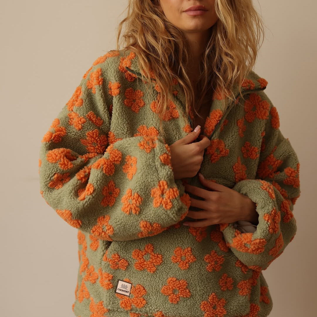 Warm Fleece Sweater with Floral Print