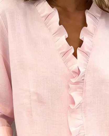 Susan | Blouse with Ruffles, V-Neck and Long Sleeves
