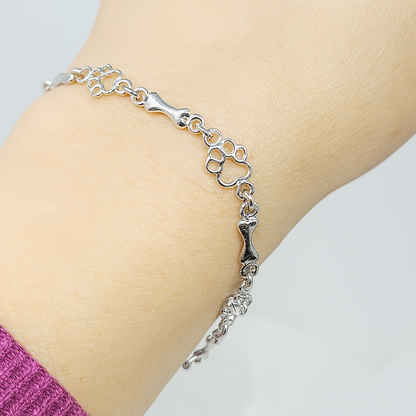 Limited Edition Pure Silver Dog Paw and Bone Charms Bracelet