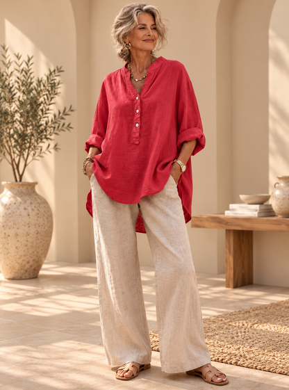 Veronique™ Elegant Cotton-Linen V-Neck Blouse