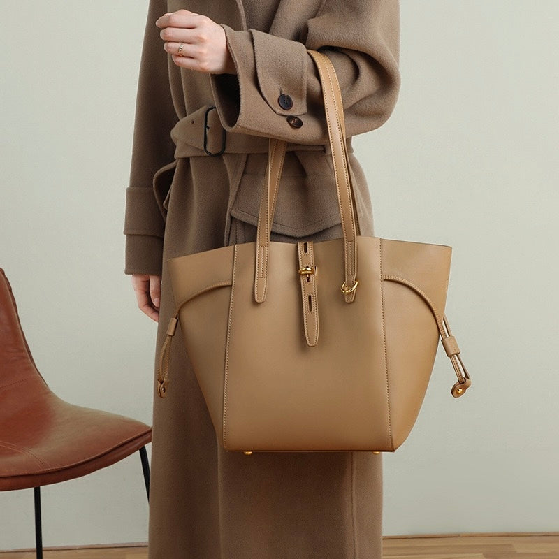 Genuine Leather Vintage Lock Buckle Tote Bag
