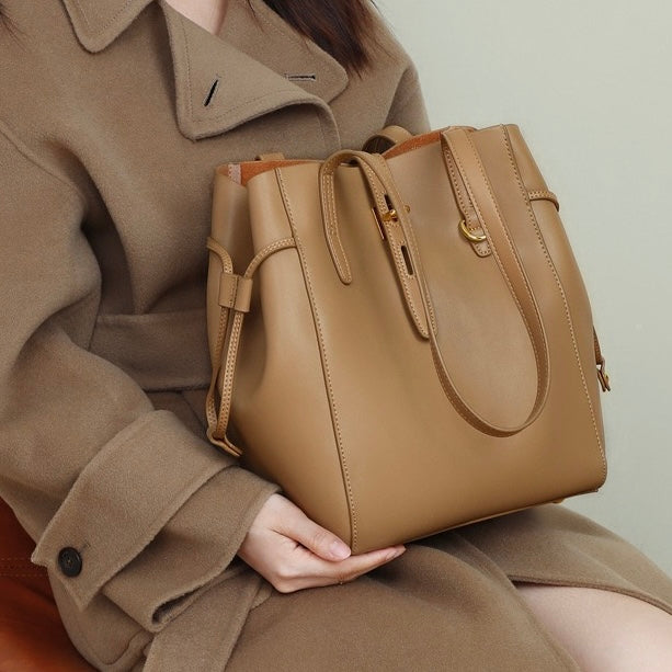Genuine Leather Vintage Lock Buckle Tote Bag