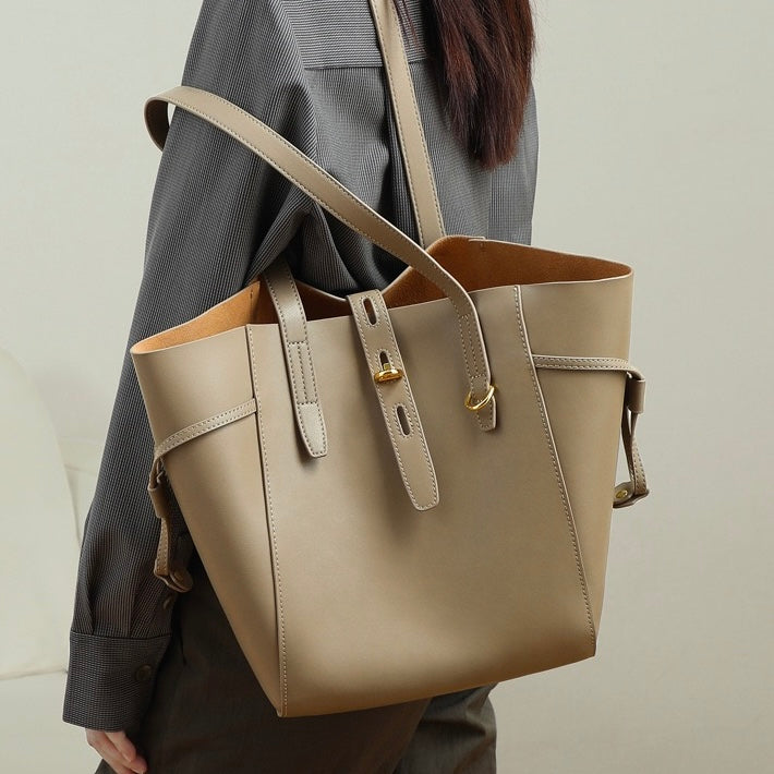 Genuine Leather Vintage Lock Buckle Tote Bag