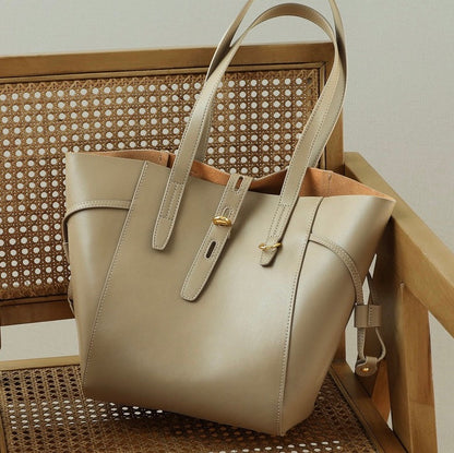 Genuine Leather Vintage Lock Buckle Tote Bag