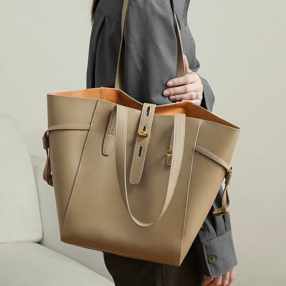 Genuine Leather Vintage Lock Buckle Tote Bag