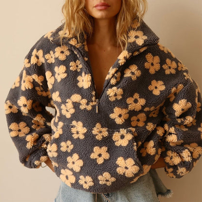 Warm Fleece Sweater with Floral Print