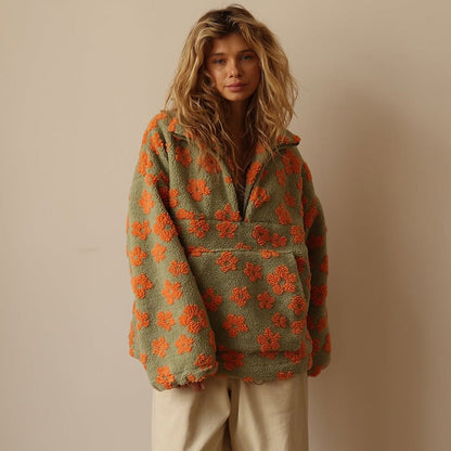 Warm Fleece Sweater with Floral Print
