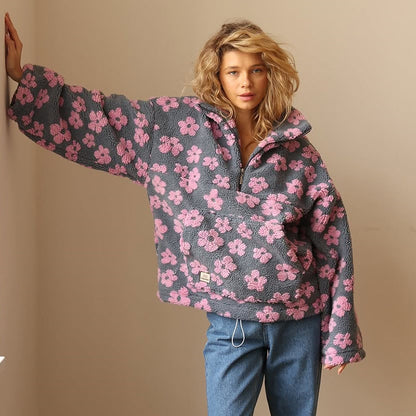 Warm Fleece Sweater with Floral Print