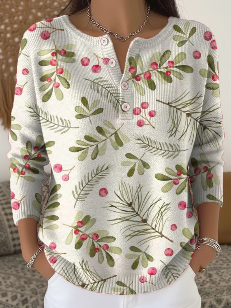 Evelyn |  Sweater with Pine Branches and Berries Print