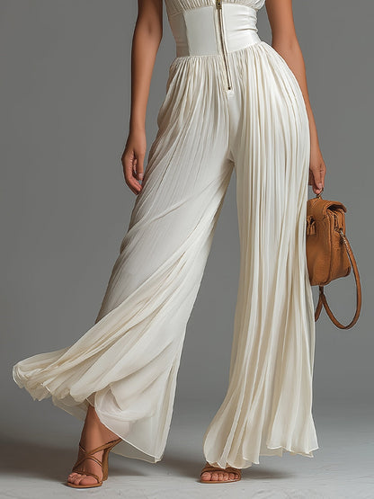 White Pleated Chiffon Jumpsuit for Women