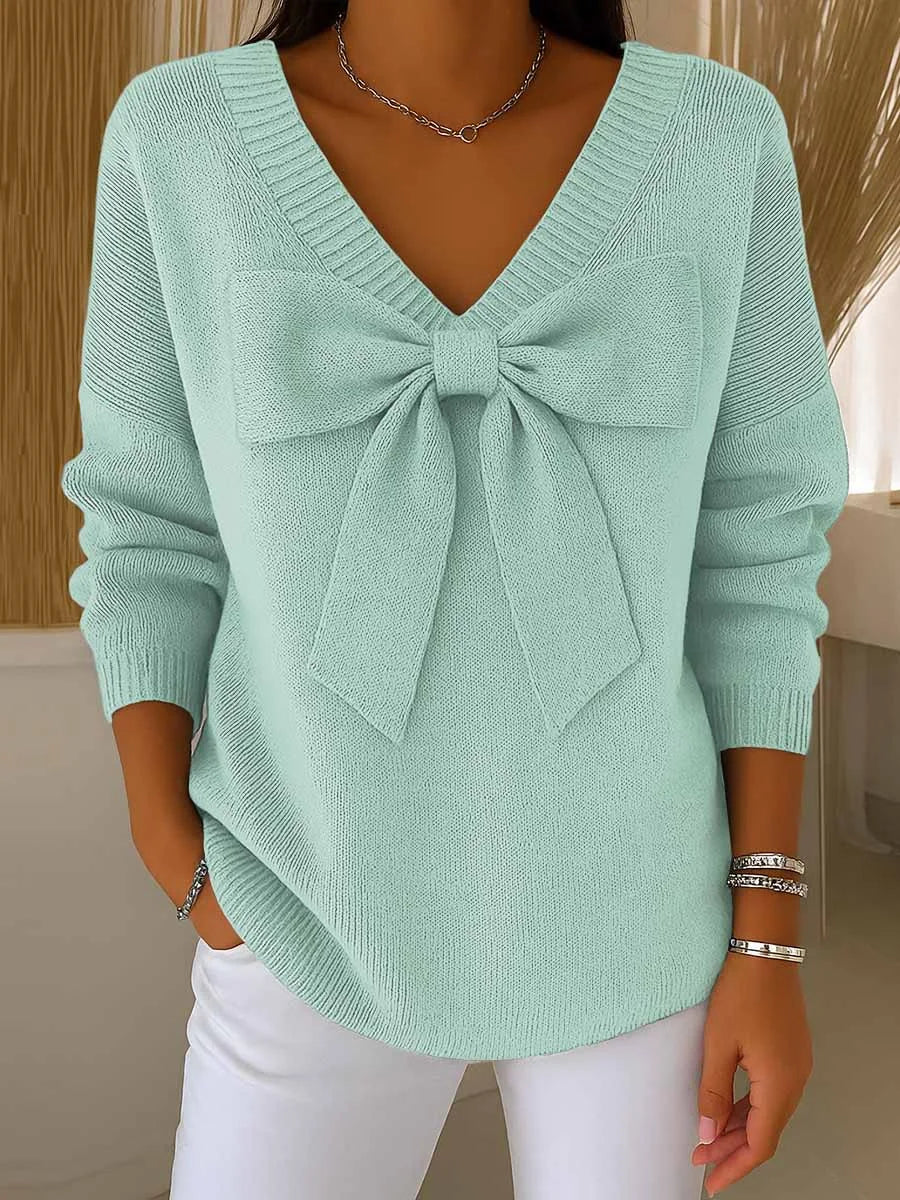 Women's Solid Color Sweater with Ribbon