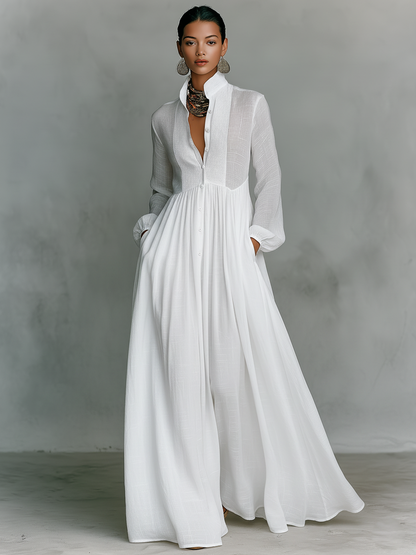 Maxi Minimalist Dress in Cotton & Linen with Patchwork, High Collar and Long Sleeves