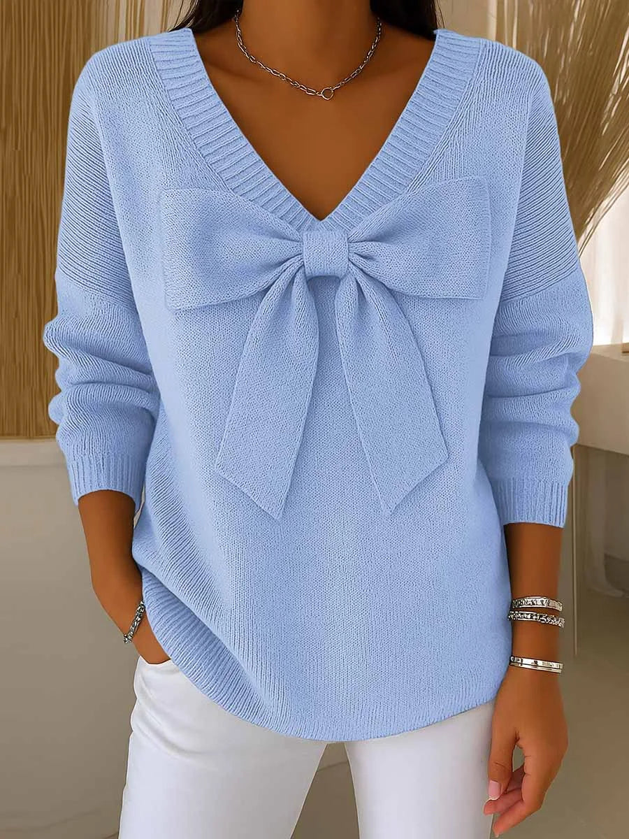 Women's Solid Color Sweater with Ribbon