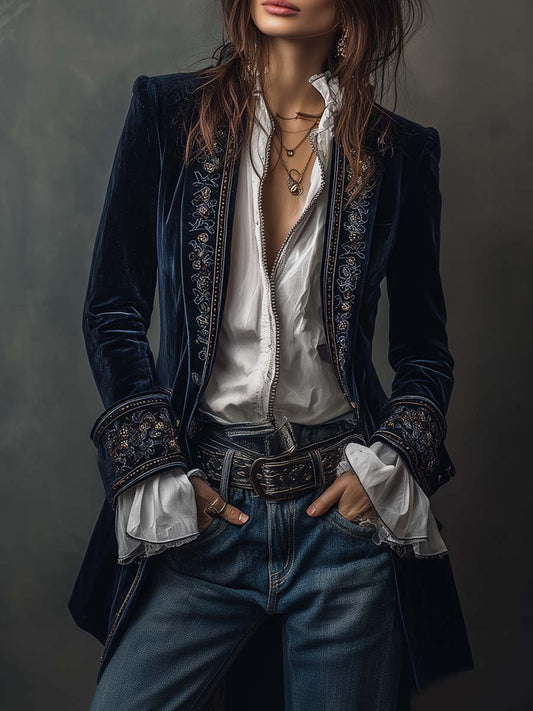 Embroidered Long Jacket in Vintage Navy Polyester Velvet
