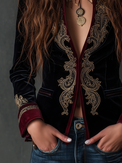 Classic Baroque Velvet Blazer with Embroidery