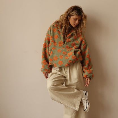 Warm Fleece Sweater with Floral Print